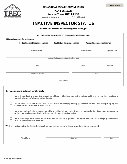 Application for: Inactive Inspector Status